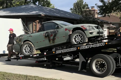 A wrecked convertible, dressed for the shoot, on a tow truck